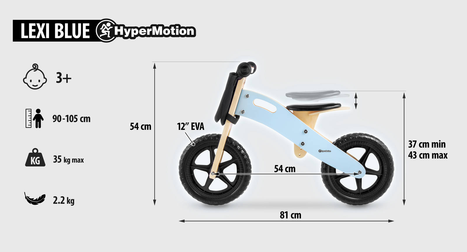 Lekki rower biegowy dla dzieci 2+ HyperMotion LEXI