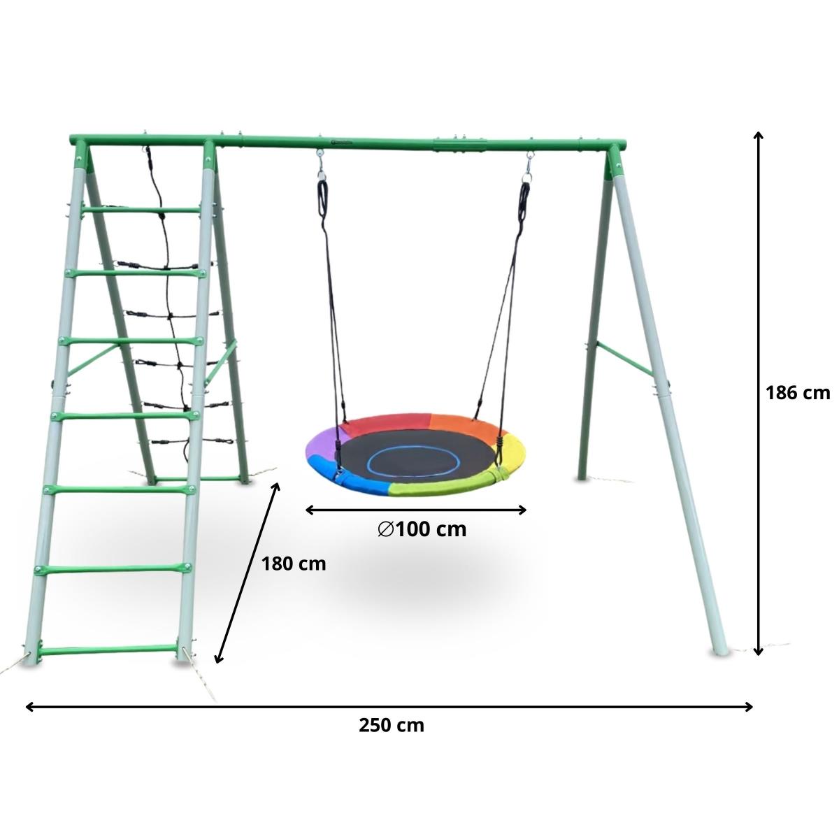 Loc de joaca de gradina XL pentru copii cu leagan cu cuib de barza, scara si plasa de catarare