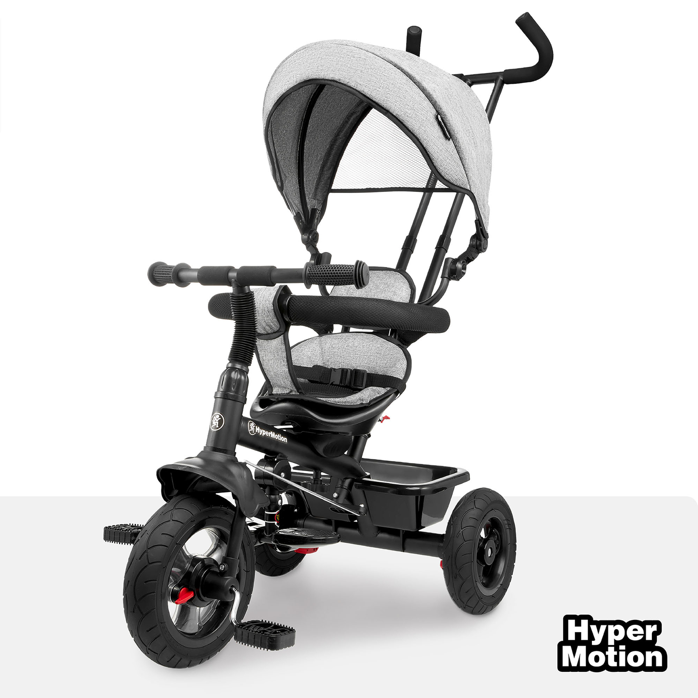 Tricicletă pentru copii 1-4 ani - TOBI FREY - culoare gri - roți pivotante - roți cu pompă + împingător