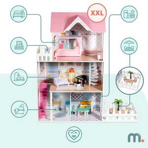 XXL Cea mai mare casă de păpuși din lemn - 123 cm - iluminată cu LED-uri - terasă, accesorii, grădină