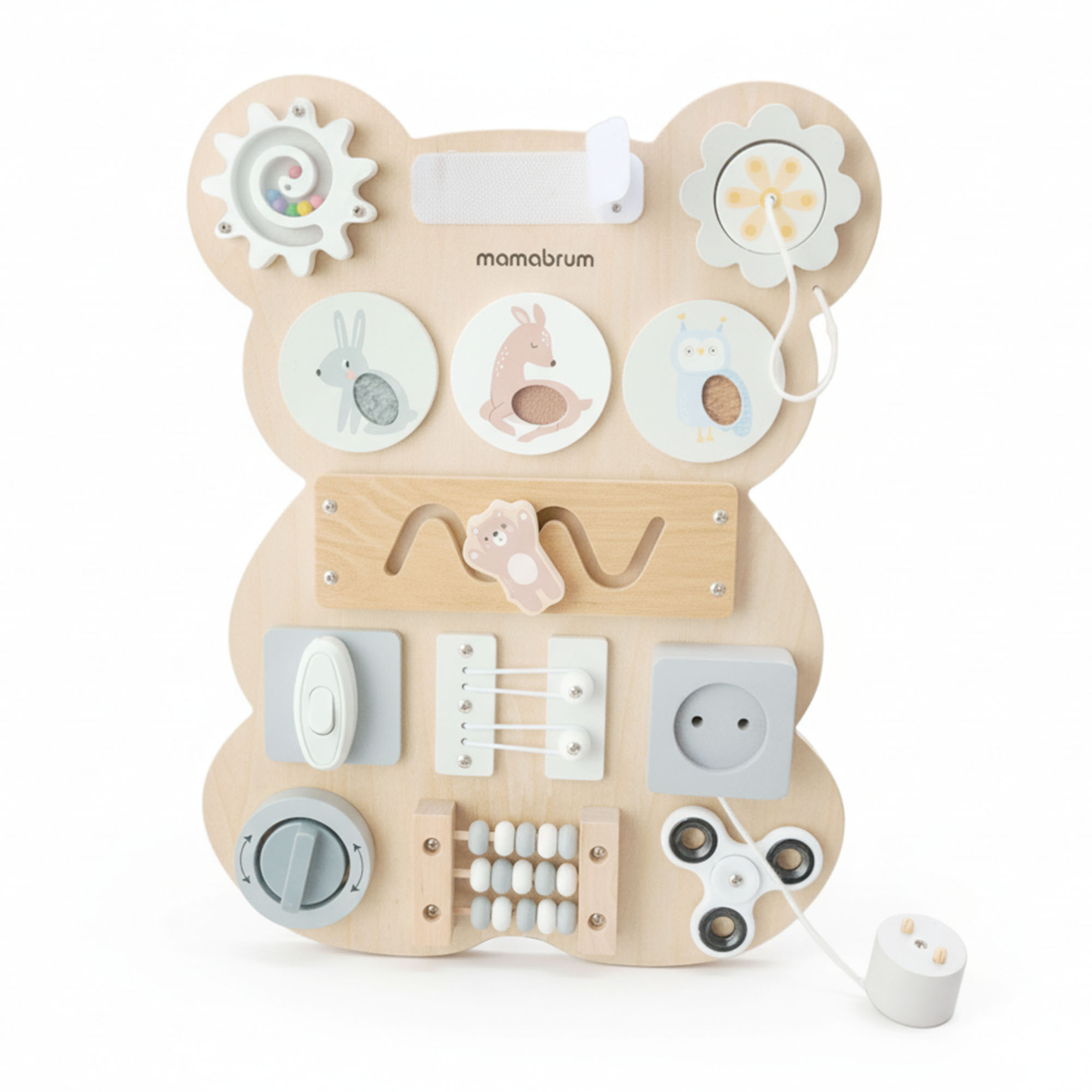 Tablă manipulativă Montessori din lemn - învățare senzorială a independenței: Velcro, dop, labirint, buton cu clic