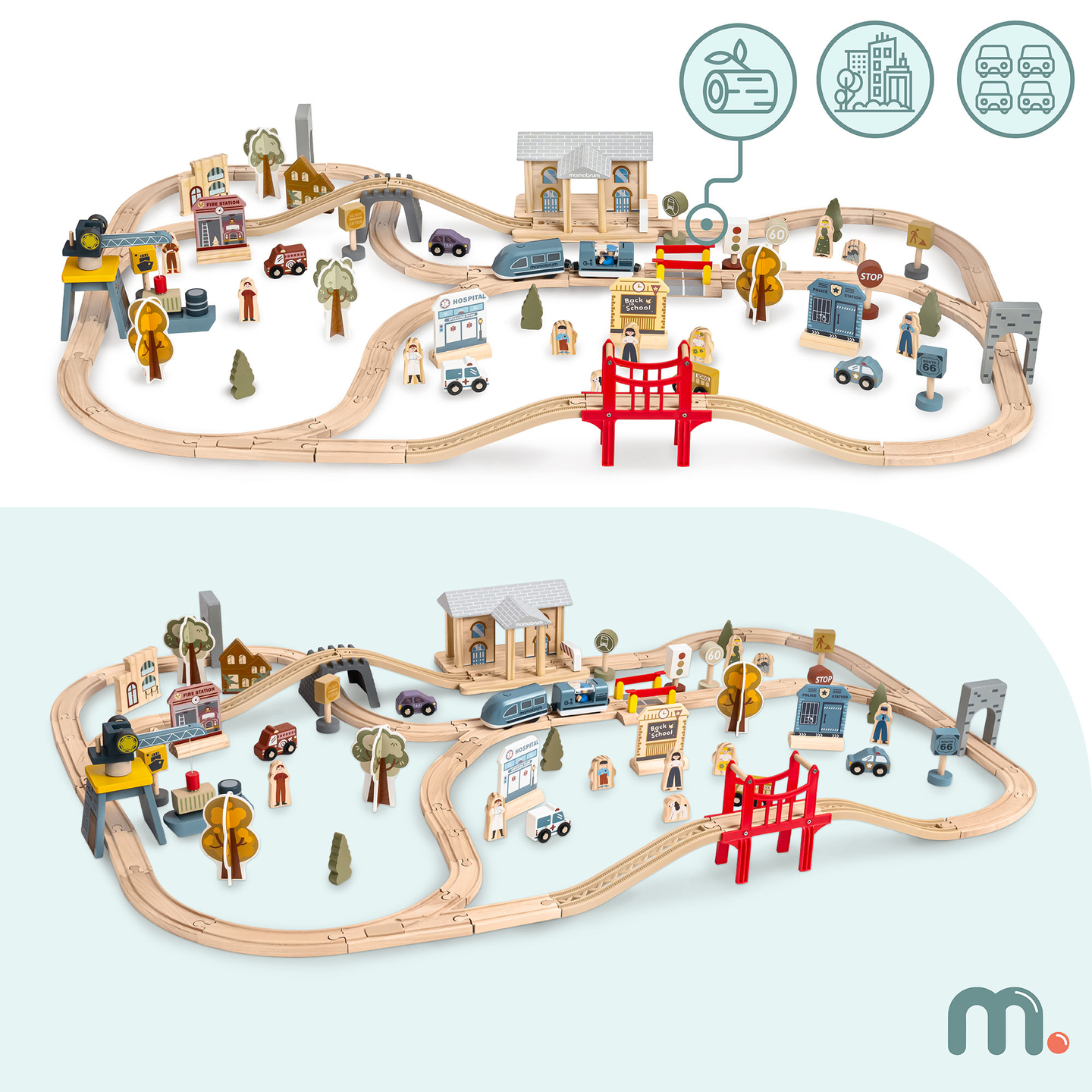 Cale ferată urbană din lemn cu tren electric - macara în mișcare, navă, poduri