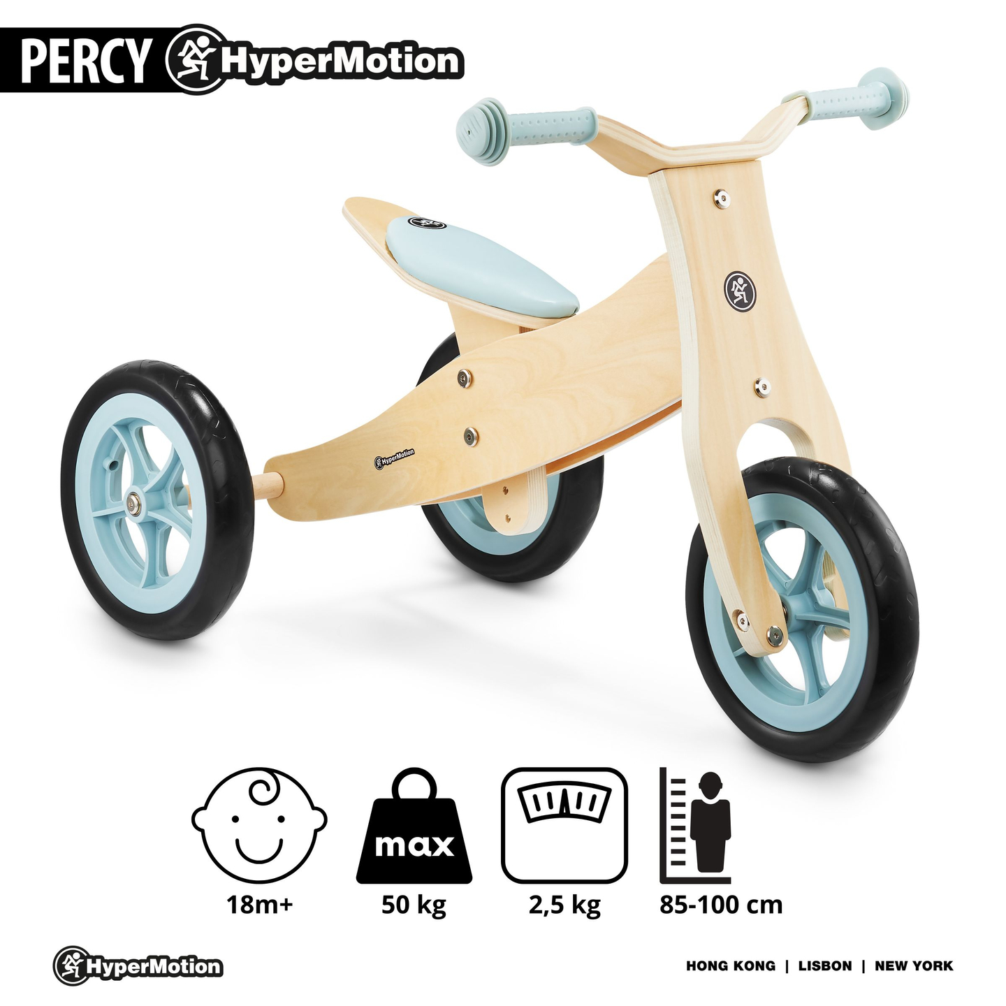 Tricicleta din lemn si balansier 2in1 - HyperMotion PERCY - albastru