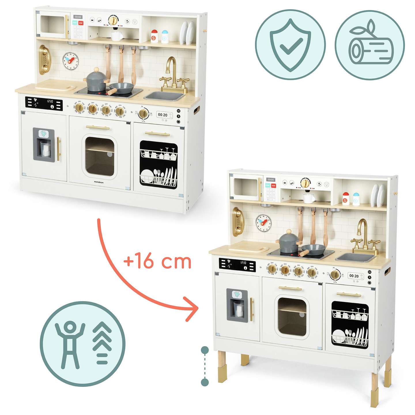 Bucătărie interactivă din lemn XXL cu accesorii și iluminare LED - pe două niveluri