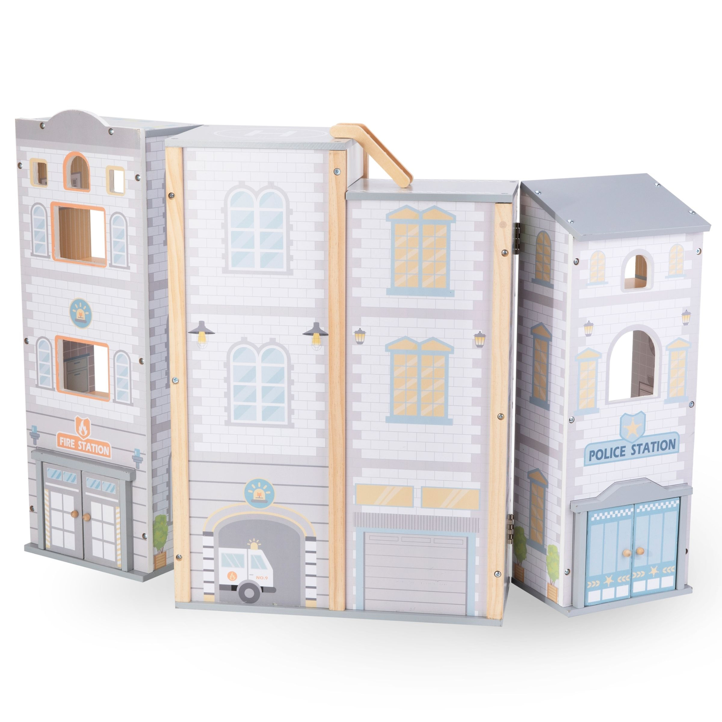 Stație mare de pompieri pliabilă cu stație de poliție - set din lemn. Stație de pompieri și stație de poliție cu accesorii.