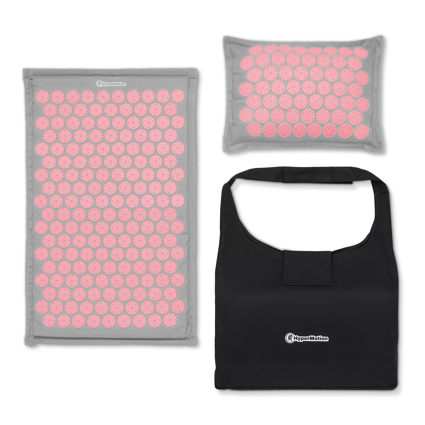 Saltea de presopunctură ECO din in cu fibră de cocos și pernă de hrișcă – 68 cm HyperMotion gri și roz