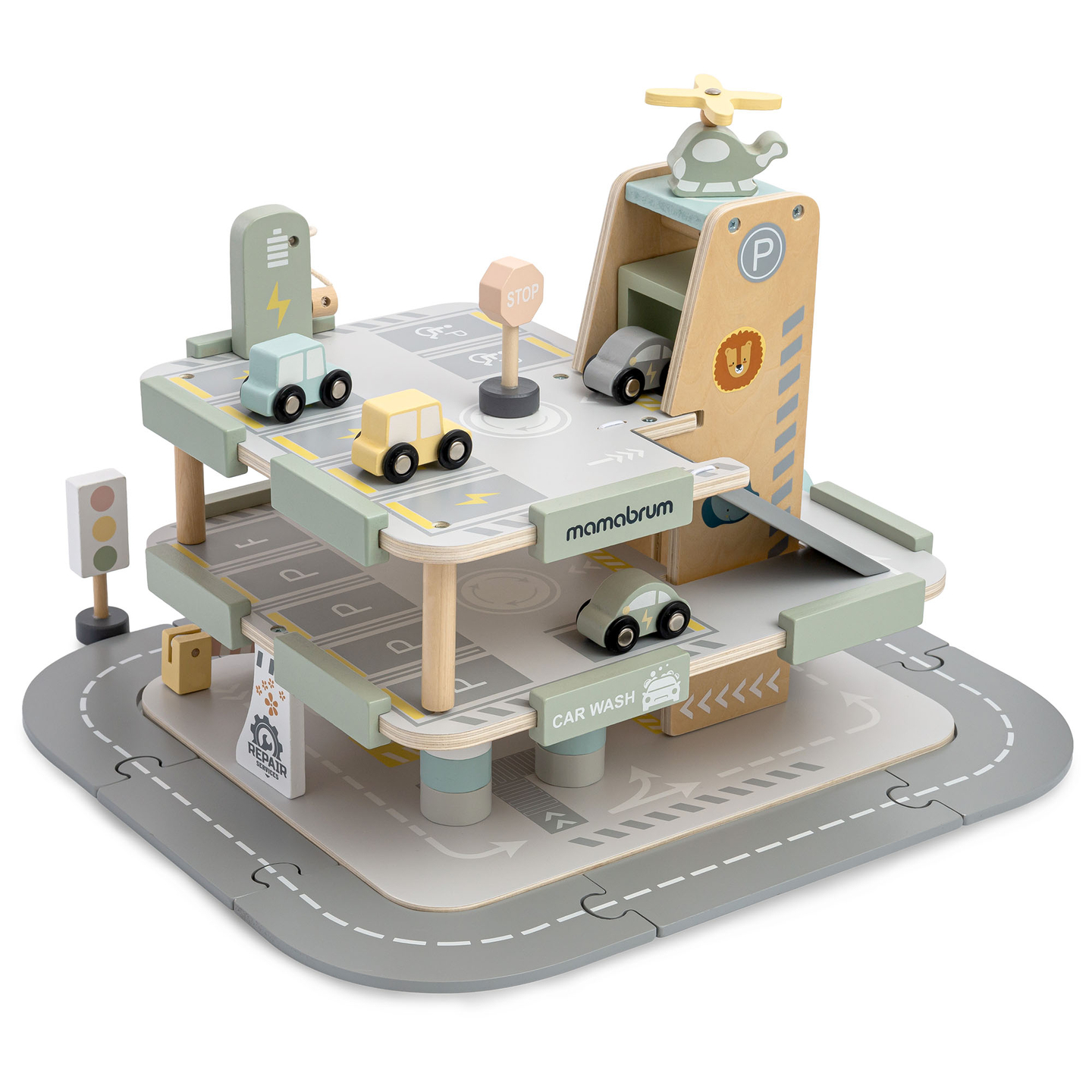 Garaj din lemn, cu trei etaje, pentru copii, cu accesorii - parcare, benzinărie, spălătorie auto, elicopter