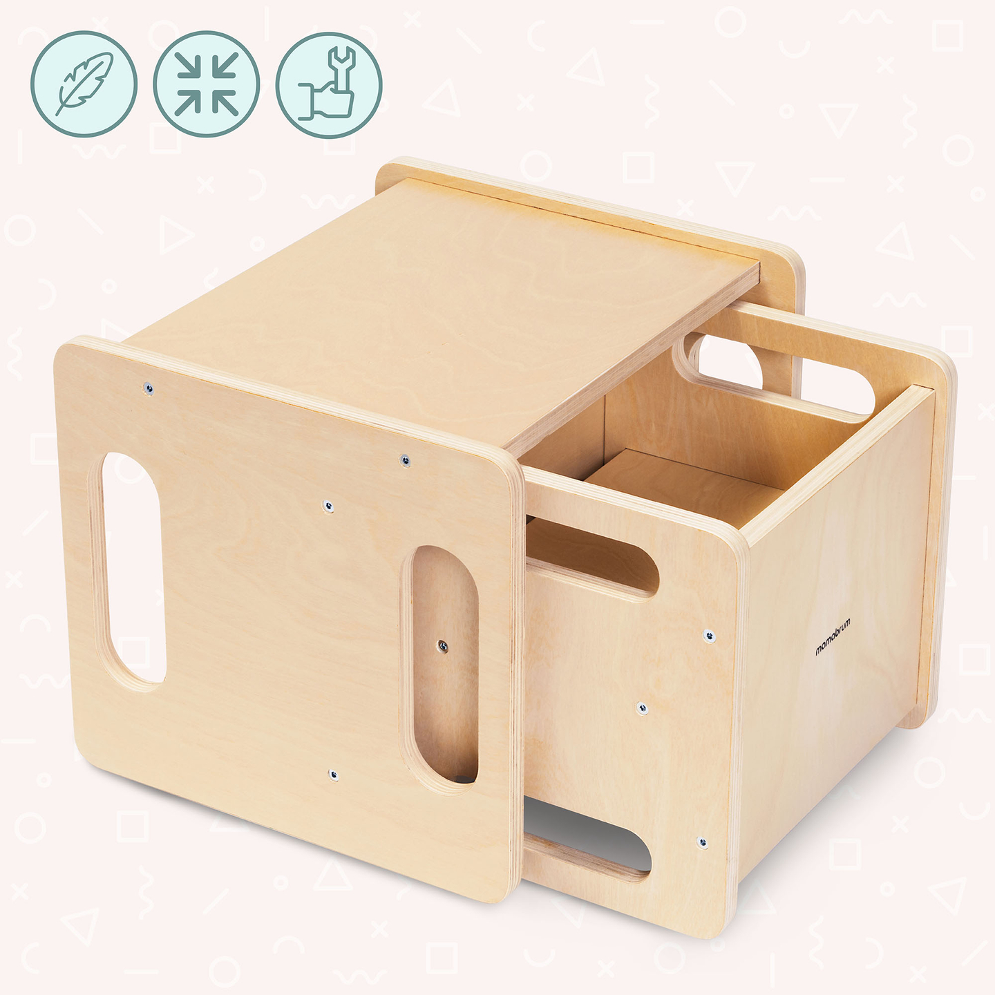 Masă și scaun din lemn cu funcție de piatră de treaptă – un set Montessori multifuncțional pentru copii