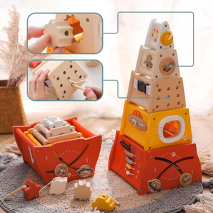 Piramidă educațională Montessori din lemn - sortare de forme, labirint, numere