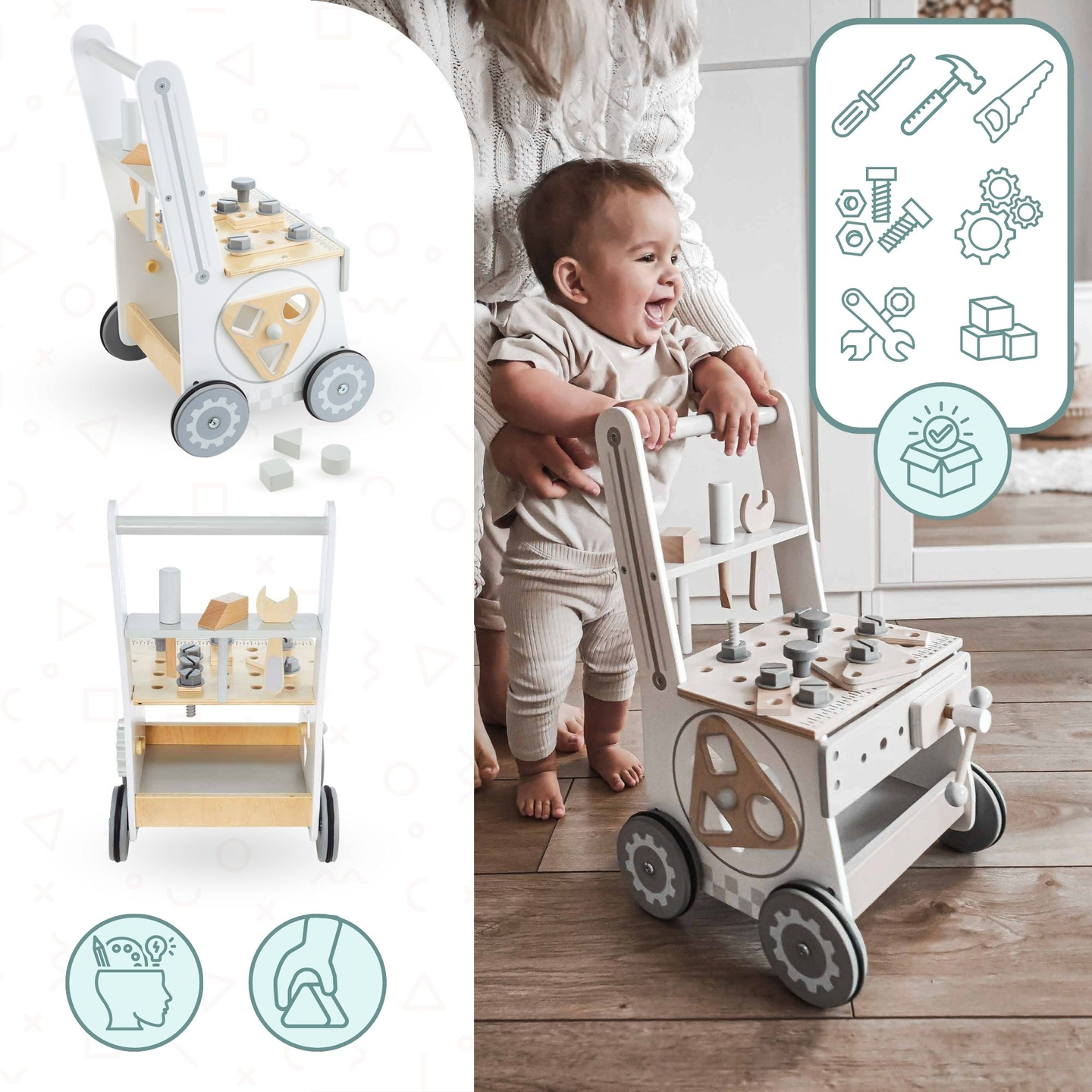 3 în 1: umblător din lemn, împingător + atelier - 47 de elemente
