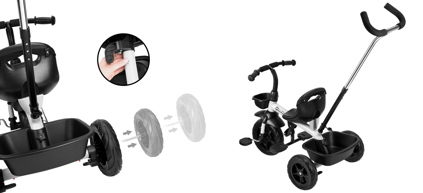 Tricicleta HyperMotion TOBI VECTOR - roți gonflabile veșnice + bară de împingere. Culoare: gri deschis.