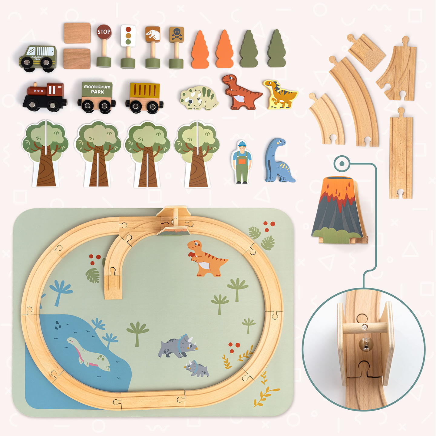 Trenuleț din lemn Dino Park cu covoraș antiderapant - dinozauri, tren, șine, vulcan, clopot