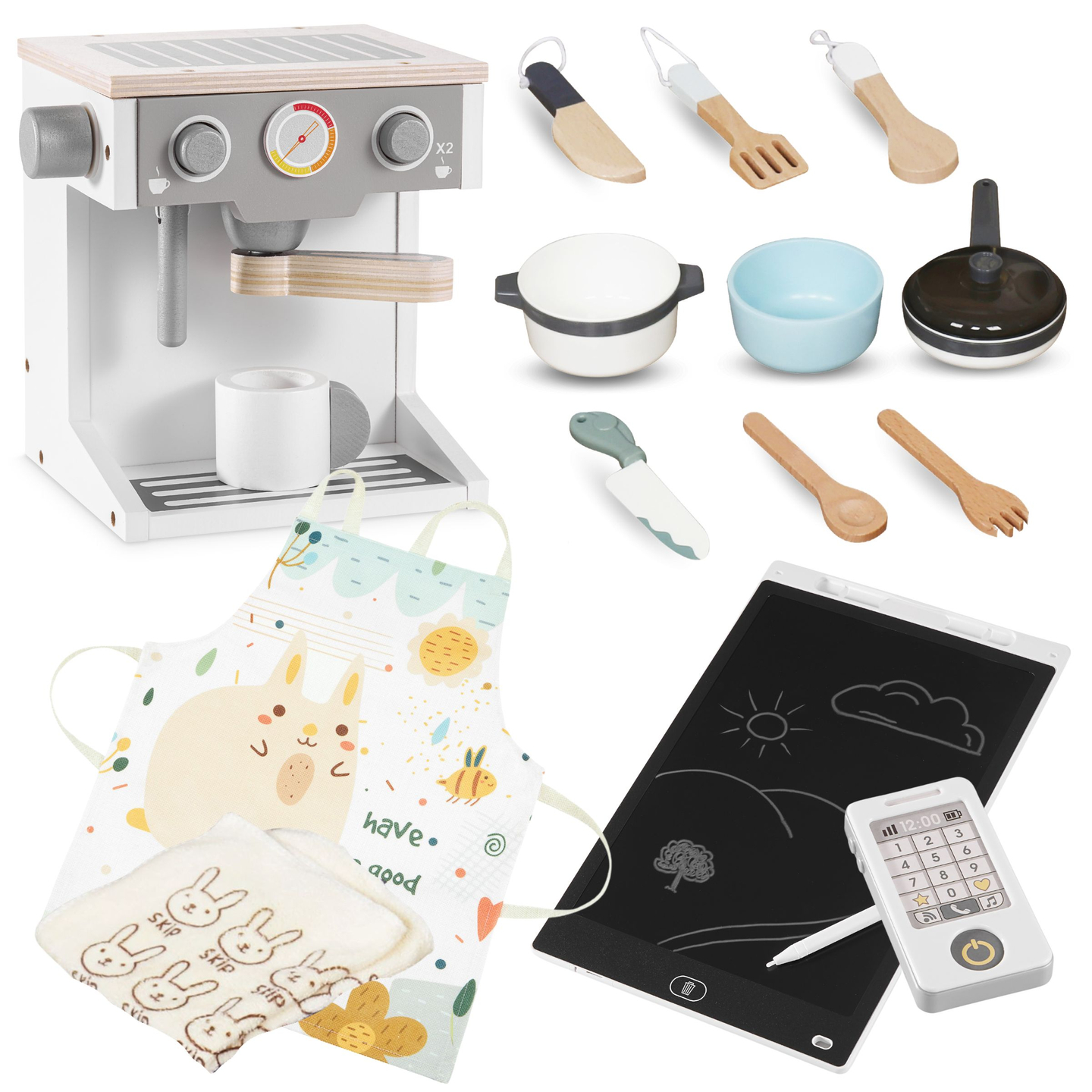 XXXXL bucătărie interactivă mare din lemn cu iluminare LED, mașină de spălat, mașină de cafea cu microunde și set de fructe și legume - 50 de elemente