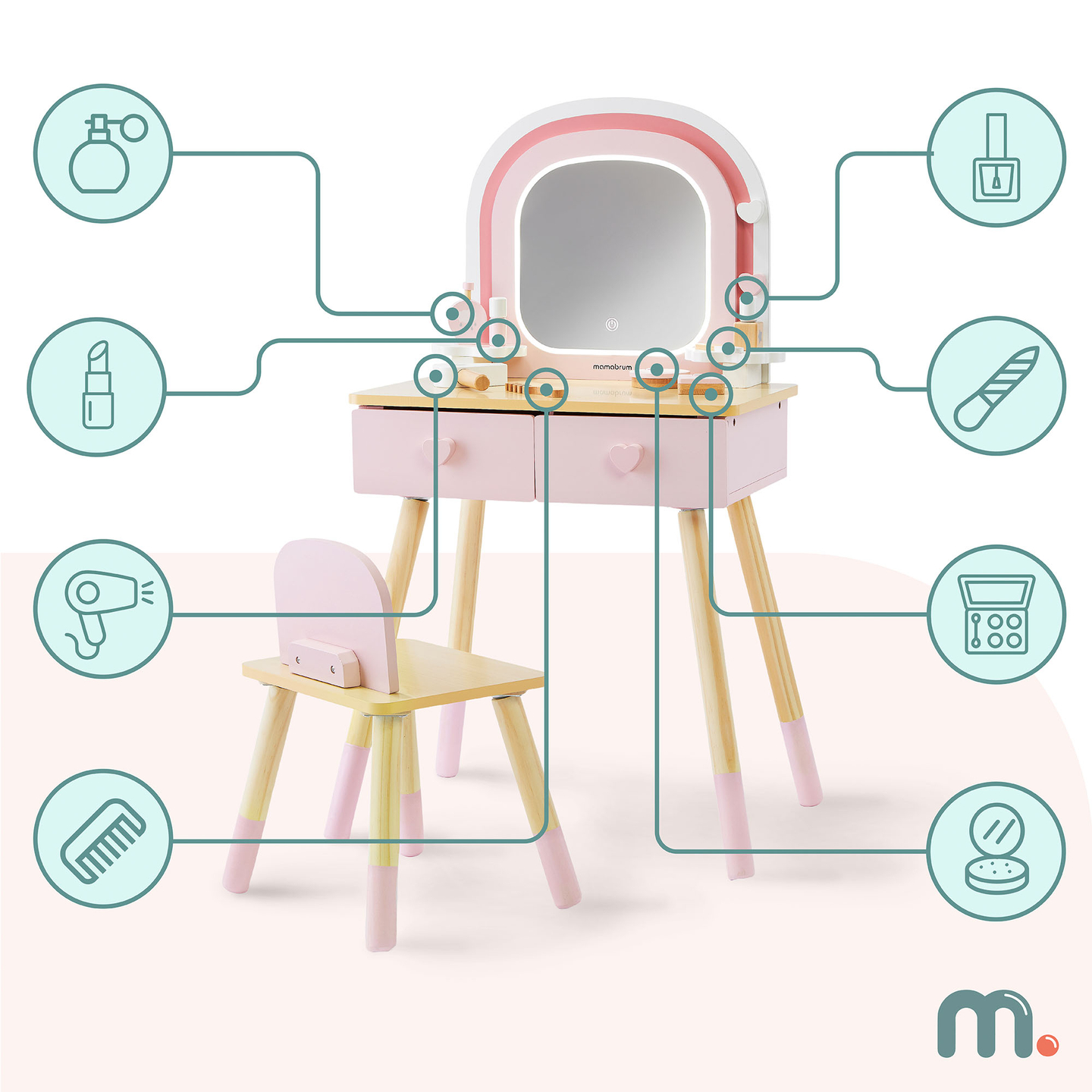 Masă de toaletă din lemn pentru copii cu iluminare LED cu reglare lină a luminozității, scaun și accesorii