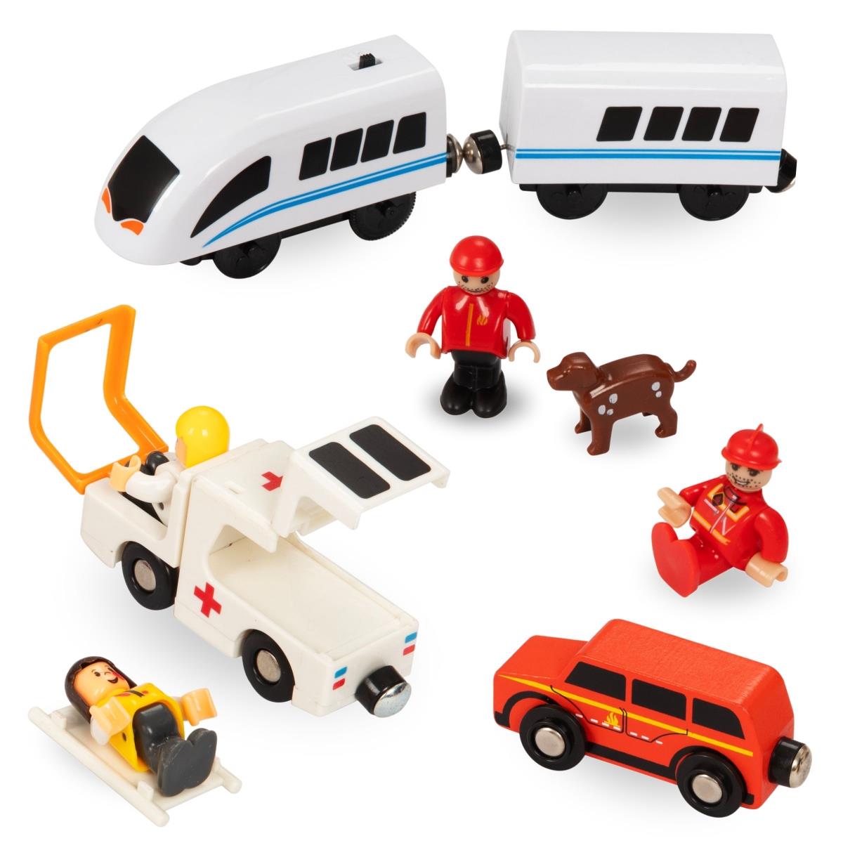 Tren din lemn, tren alimentat cu baterii - Pompieri, șine, vagoane, poduri, barieră