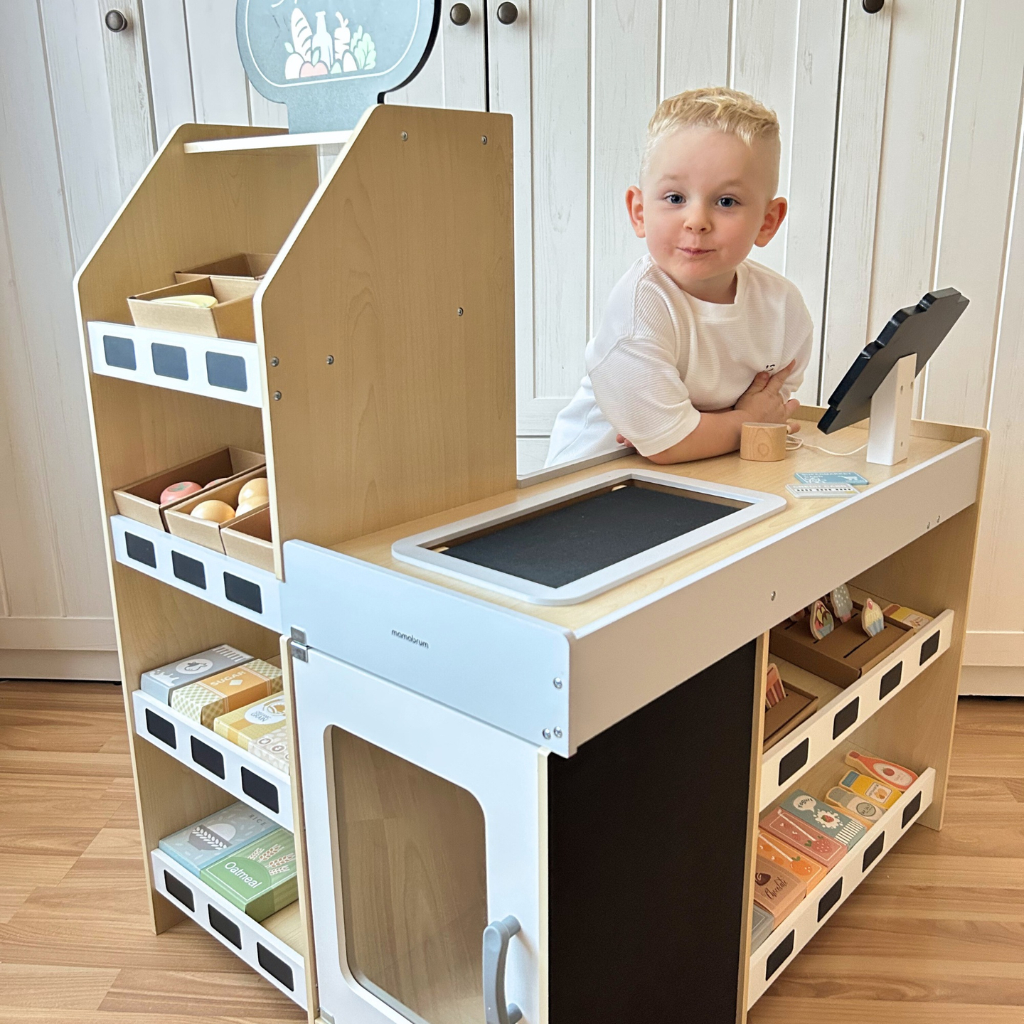 Piață de legume din lemn - tarabă mare XXL, magazin cu casă de marcat