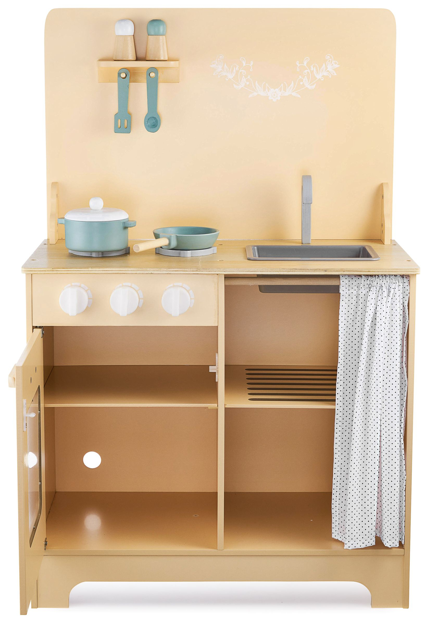 Bucătărie din lemn cu șorț, accesorii și iluminat cu LED-uri