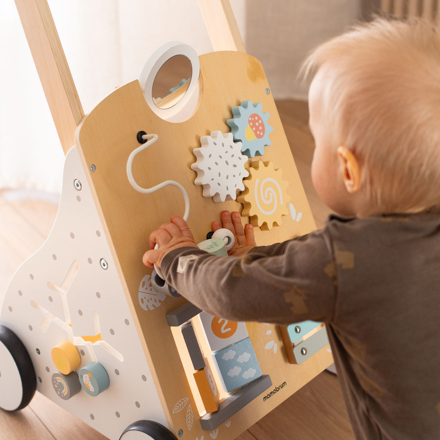 Walker educațional din lemn 8in1 / împingător pentru copii - placă manipulativă