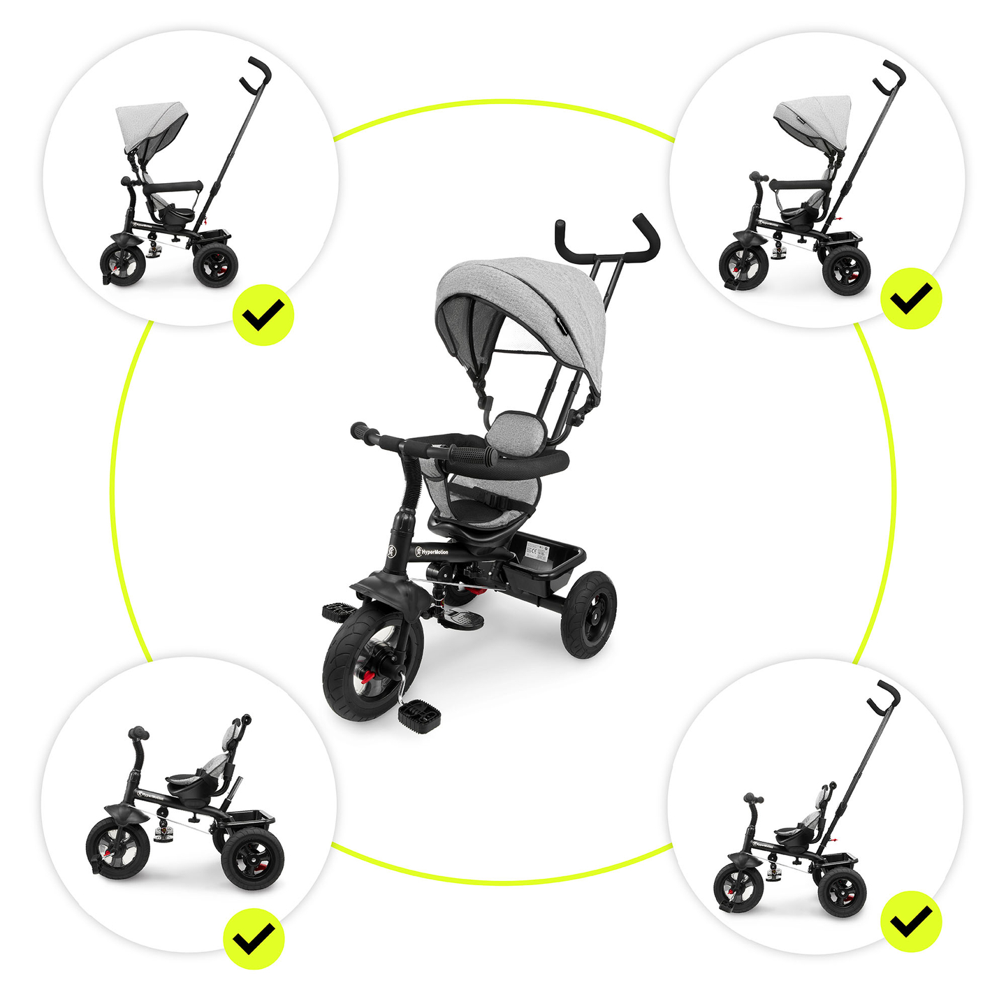 Tricicletă pentru copii 1-4 ani - TOBI FREY - culoare gri - roți pivotante - roți cu pompă + împingător