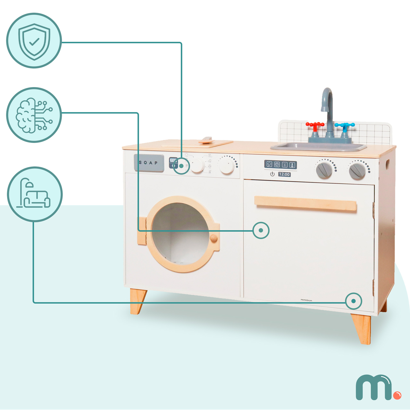 Spălătorie și bucătărie din lemn - set de casă 2 în 1 pentru copii