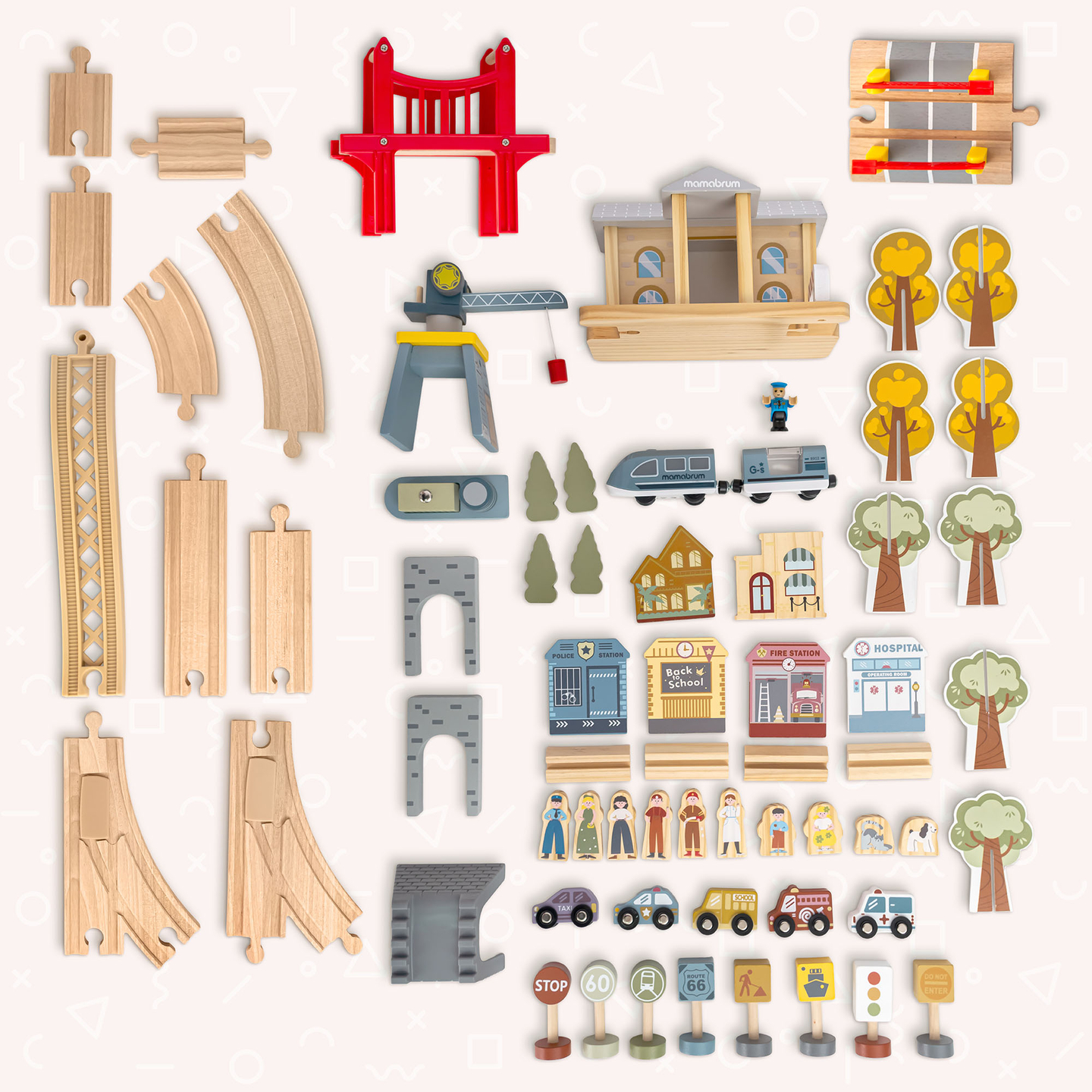 Cale ferată urbană din lemn cu tren electric - macara în mișcare, navă, poduri