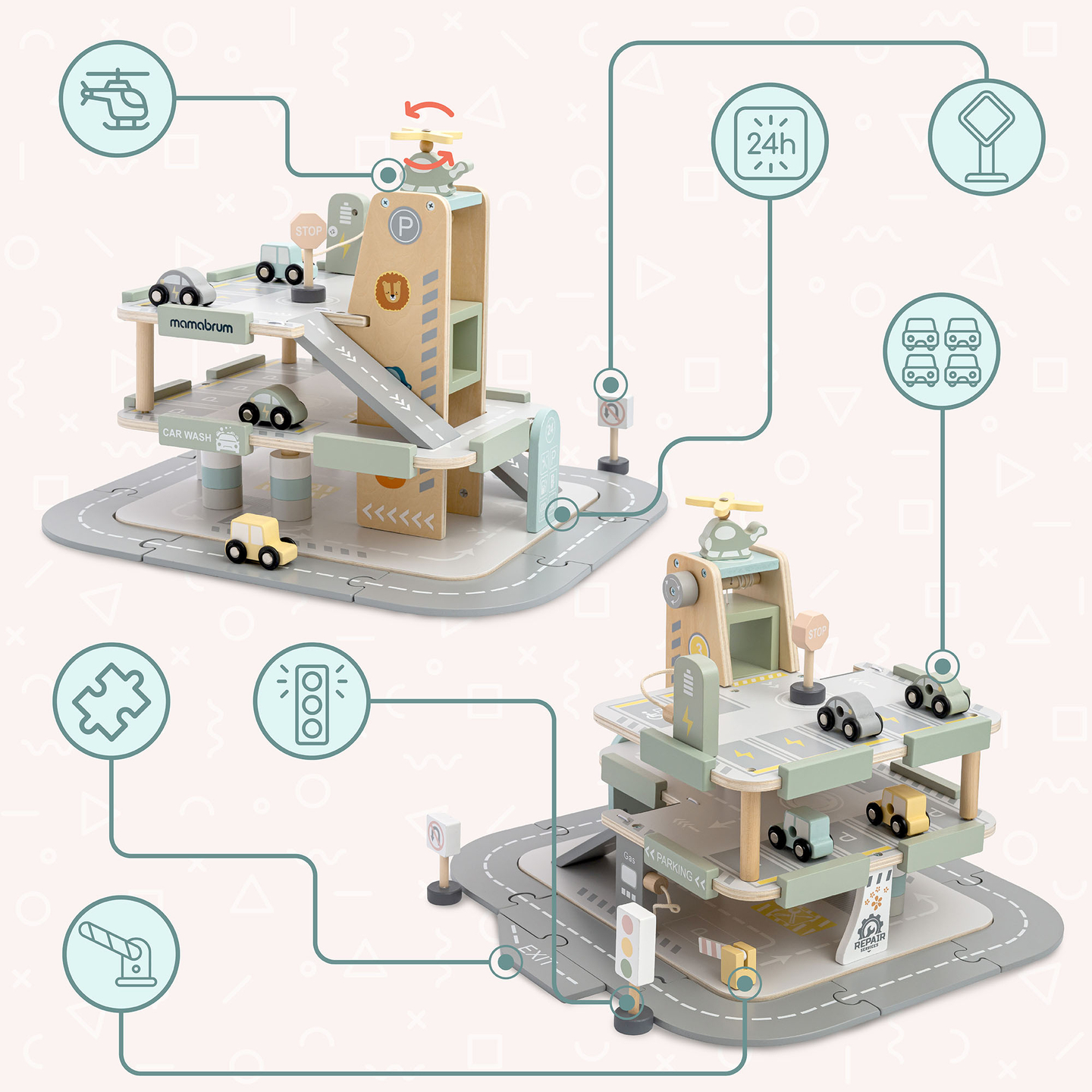 Garaj din lemn, cu trei etaje, pentru copii, cu accesorii - parcare, benzinărie, spălătorie auto, elicopter