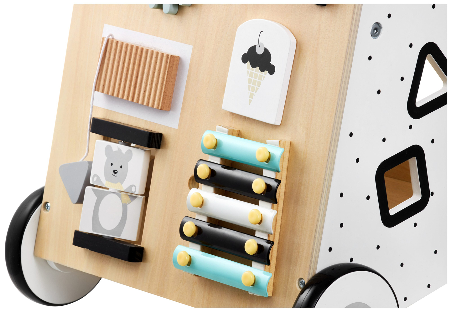 Plimbător / cărucior pentru copii din lemn, educațional - planșă de manipulare