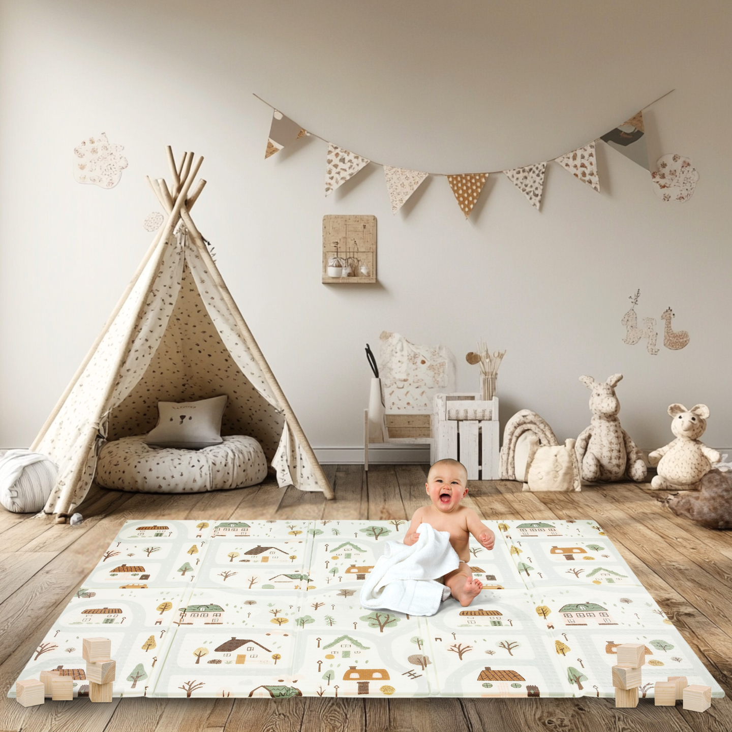 Covoraș din spumă pliabil pe două fețe 180 x 120 x 1cm - Charming Town/Sand Beige