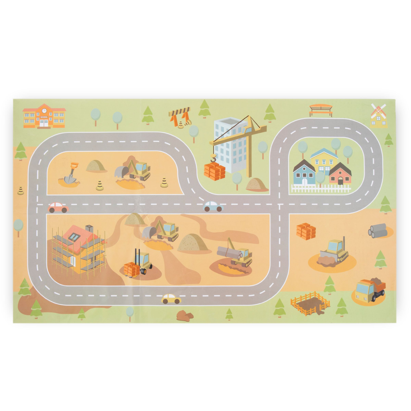 Șantier de construcții din lemn cu macara mobilă mare și vehicule, macara turn