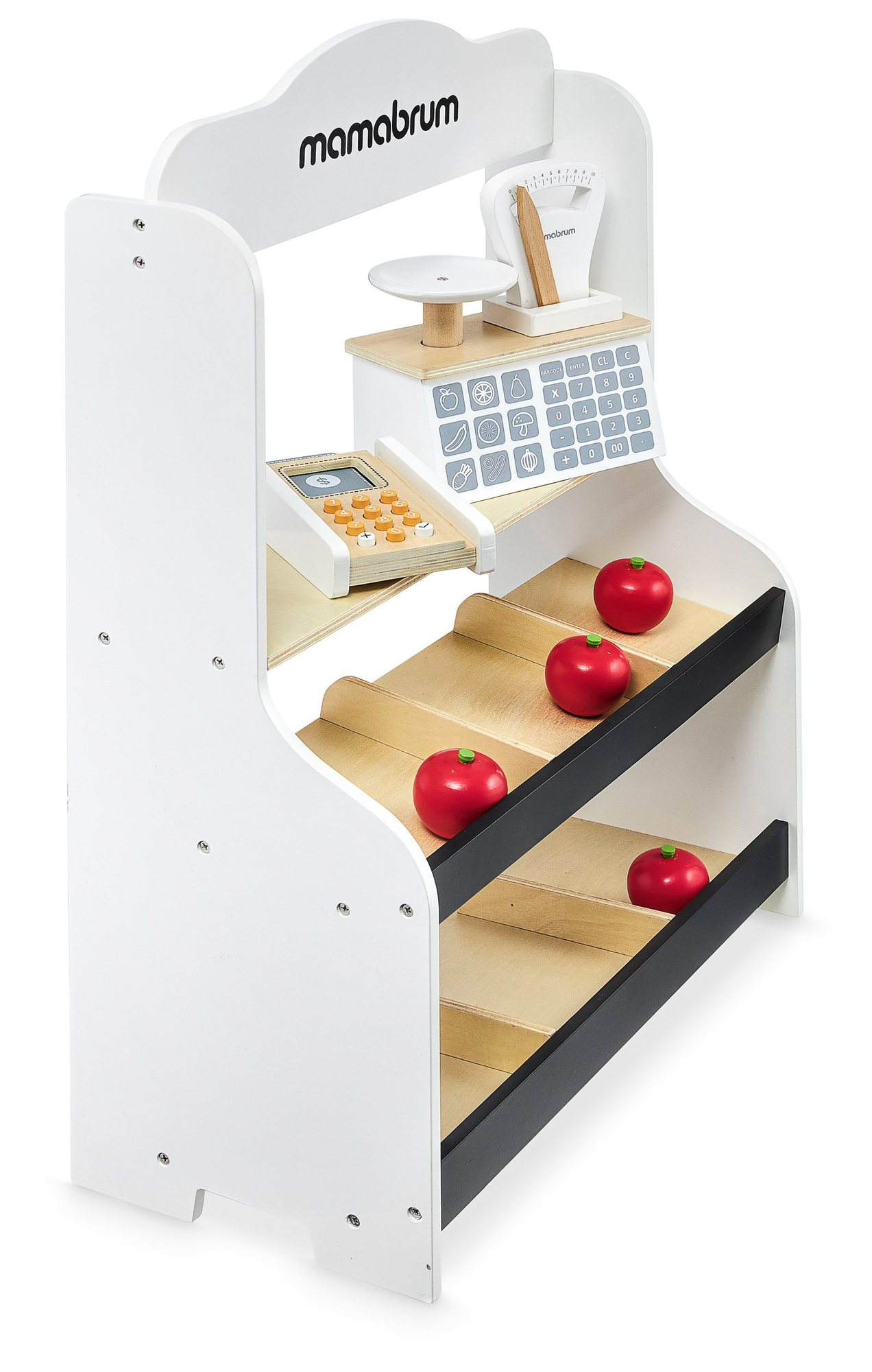 Mini market - magazin cu cântar, terminal, card de plată și fructe