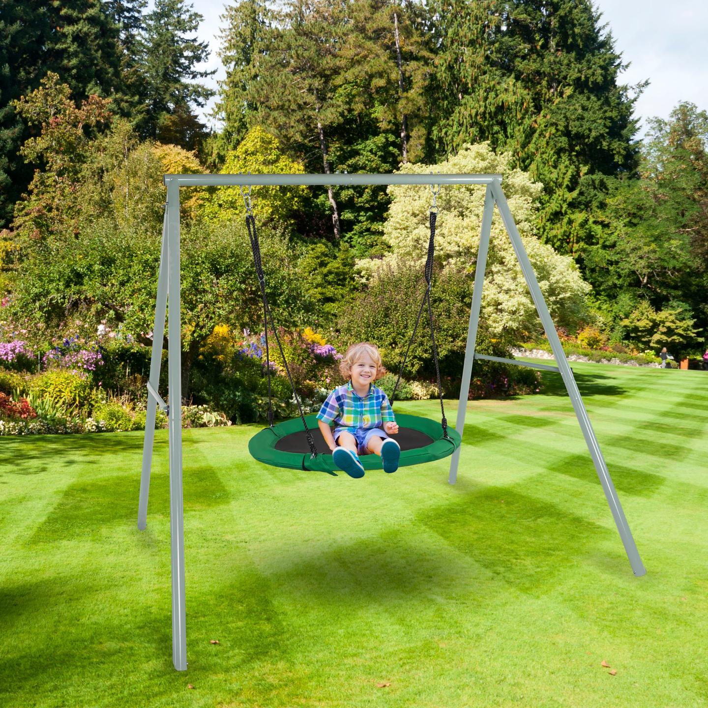 Leagăn de grădină de tip cuib de barză cu cadru și frânghii