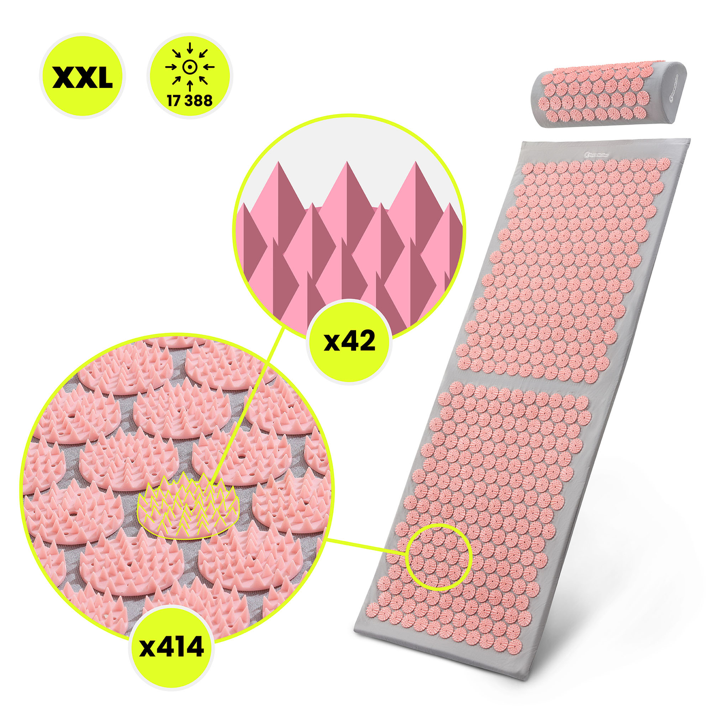 Saltea mare de presopunctură cu pernă și husă - 130 cm HyperMotion gri și roz