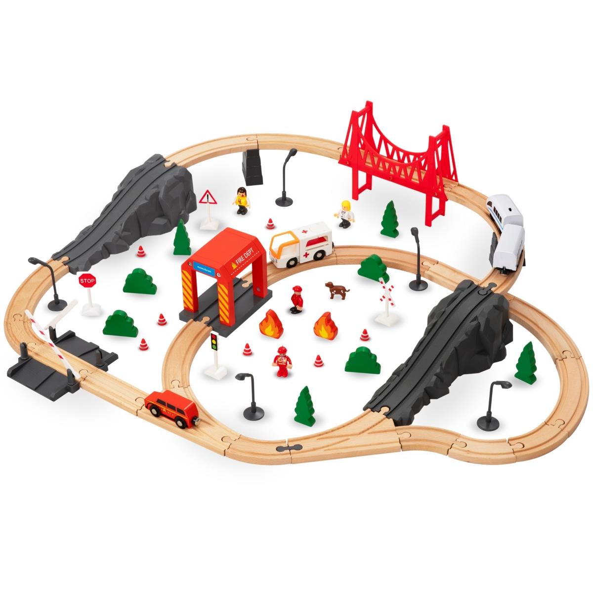 Tren din lemn, tren alimentat cu baterii - Pompieri, șine, vagoane, poduri, barieră