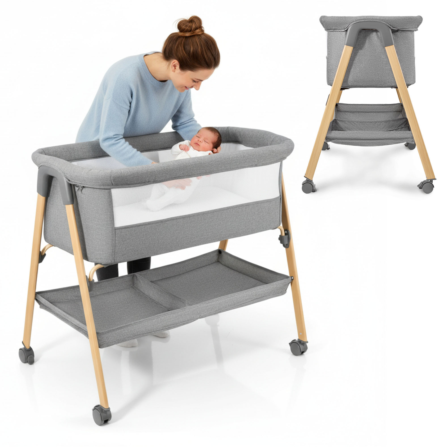 Pătuț pentru bebeluși, independent, pătuț de călătorie, leagăn cu saltea - gri
