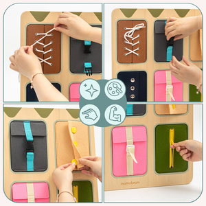 Tablă manipulativă Montessori din lemn – Învățarea senzorială a independenței - șireturi, catarame, nasturi, capse, fermoar