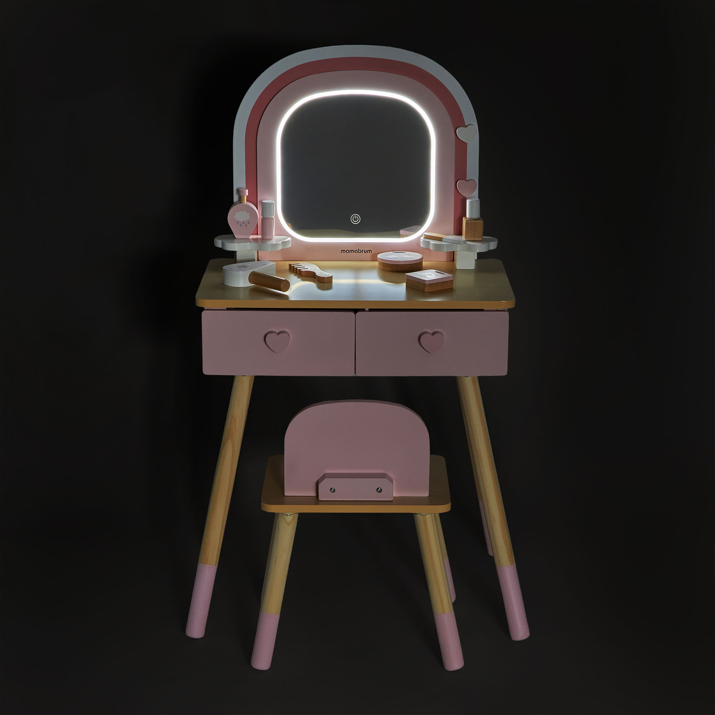 Masă de toaletă din lemn pentru copii cu iluminare LED cu reglare lină a luminozității, scaun și accesorii