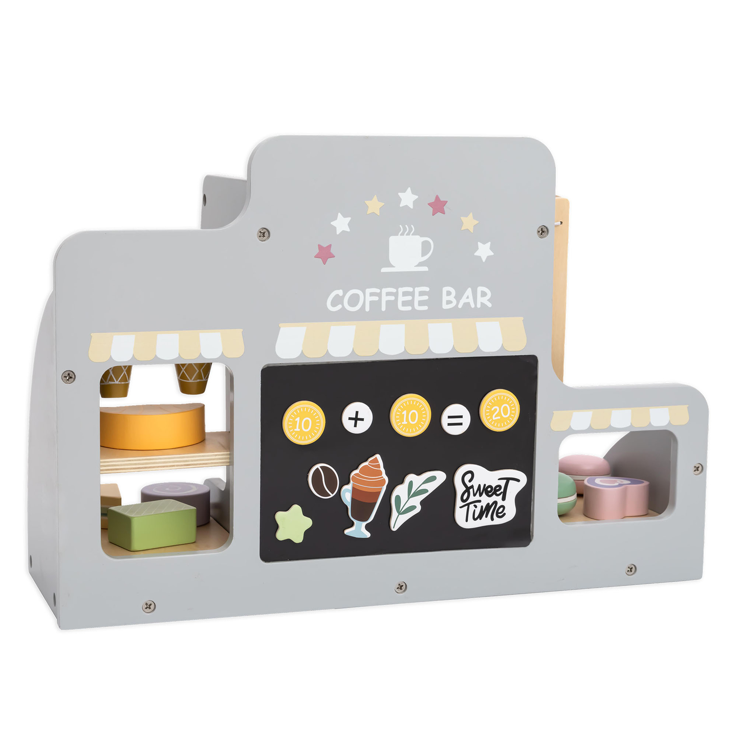 Un salon mare de înghețată din lemn cu tablă magnetică, aparat de cafea și set de înghețată și deserturi - peste 70 de piese!