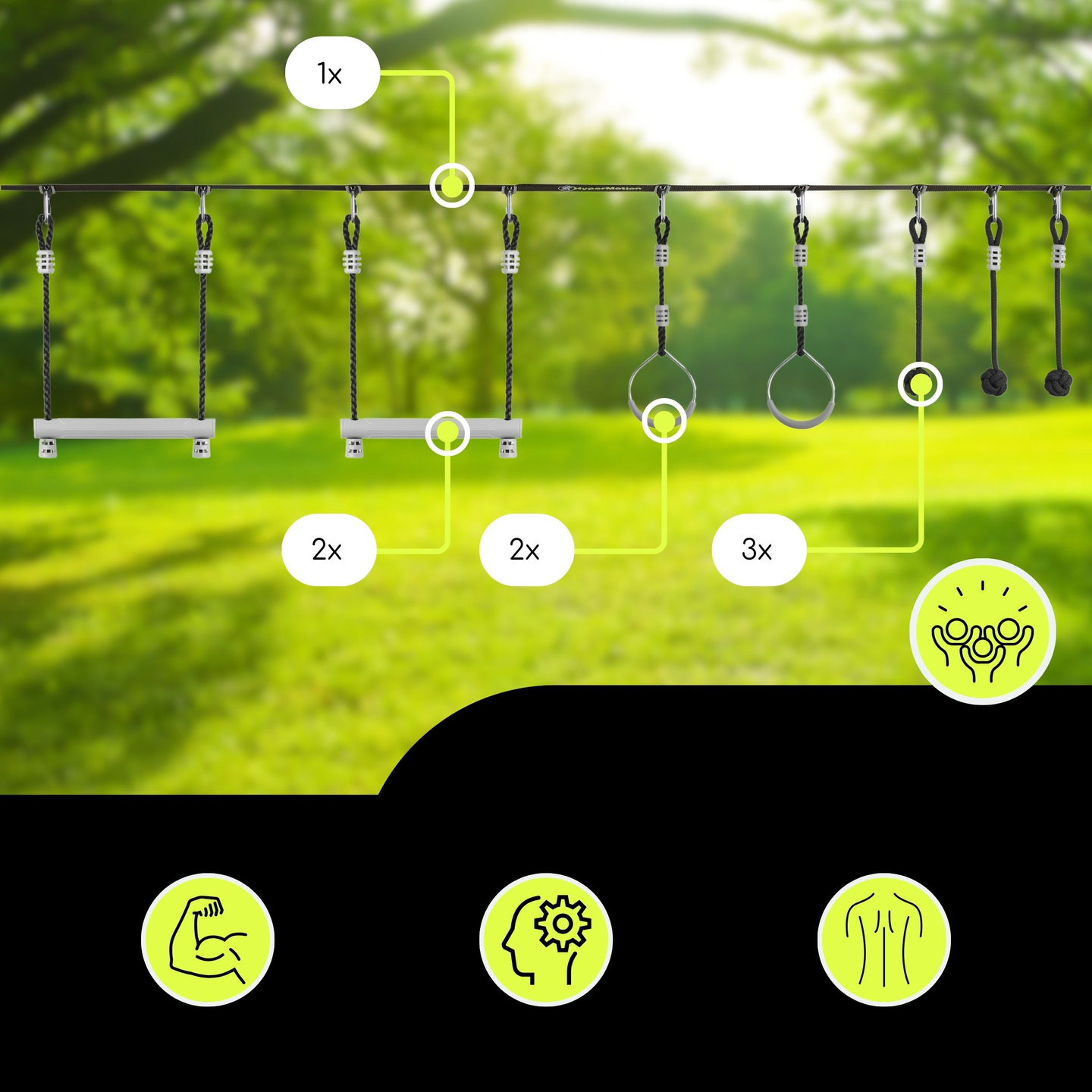 Cursă cu obstacole Ninja pentru copii - HyperMotion slackline set - 7 obstacole