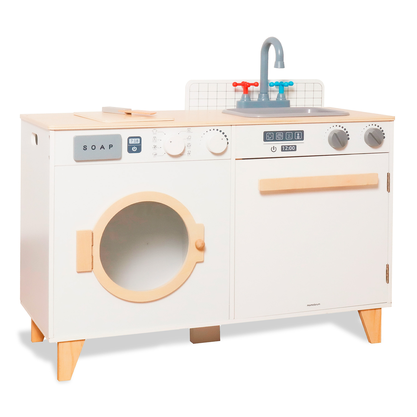 Spălătorie și bucătărie din lemn - set de casă 2 în 1 pentru copii