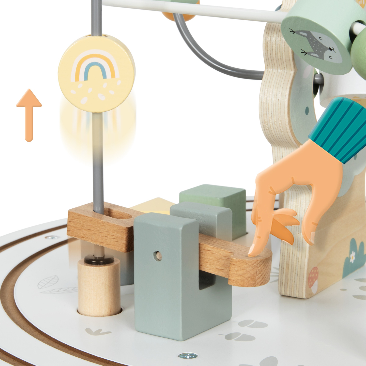 Masă educațională rotundă din lemn cu tren magnetic și lansator de mărgele