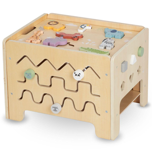 Cutie manipulativă din lemn - placă Montessori cu figuri de animale și scaun