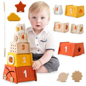 Piramidă educațională Montessori din lemn - sortare de forme, labirint, numere