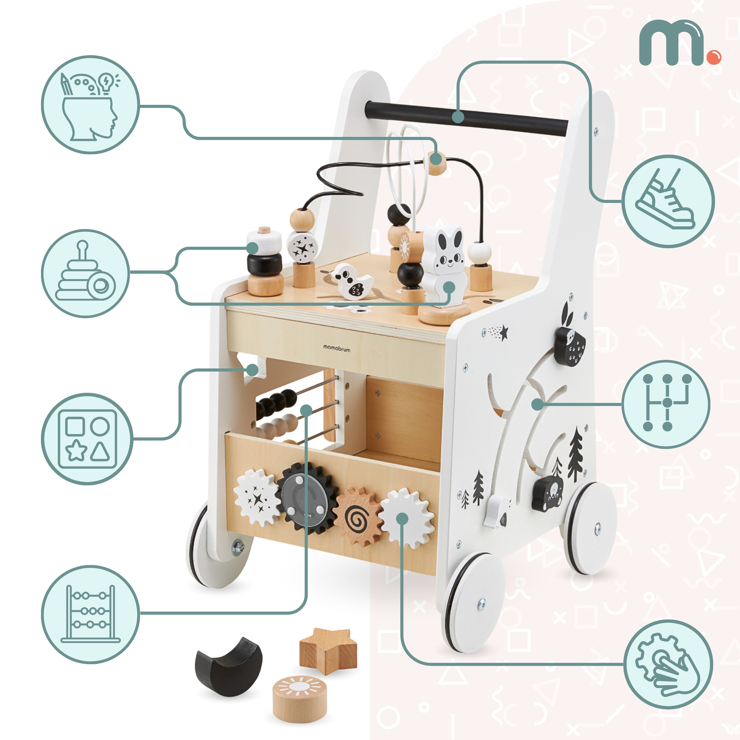 6in1 cărucior din lemn, Walker cu funcție de masă de învățare