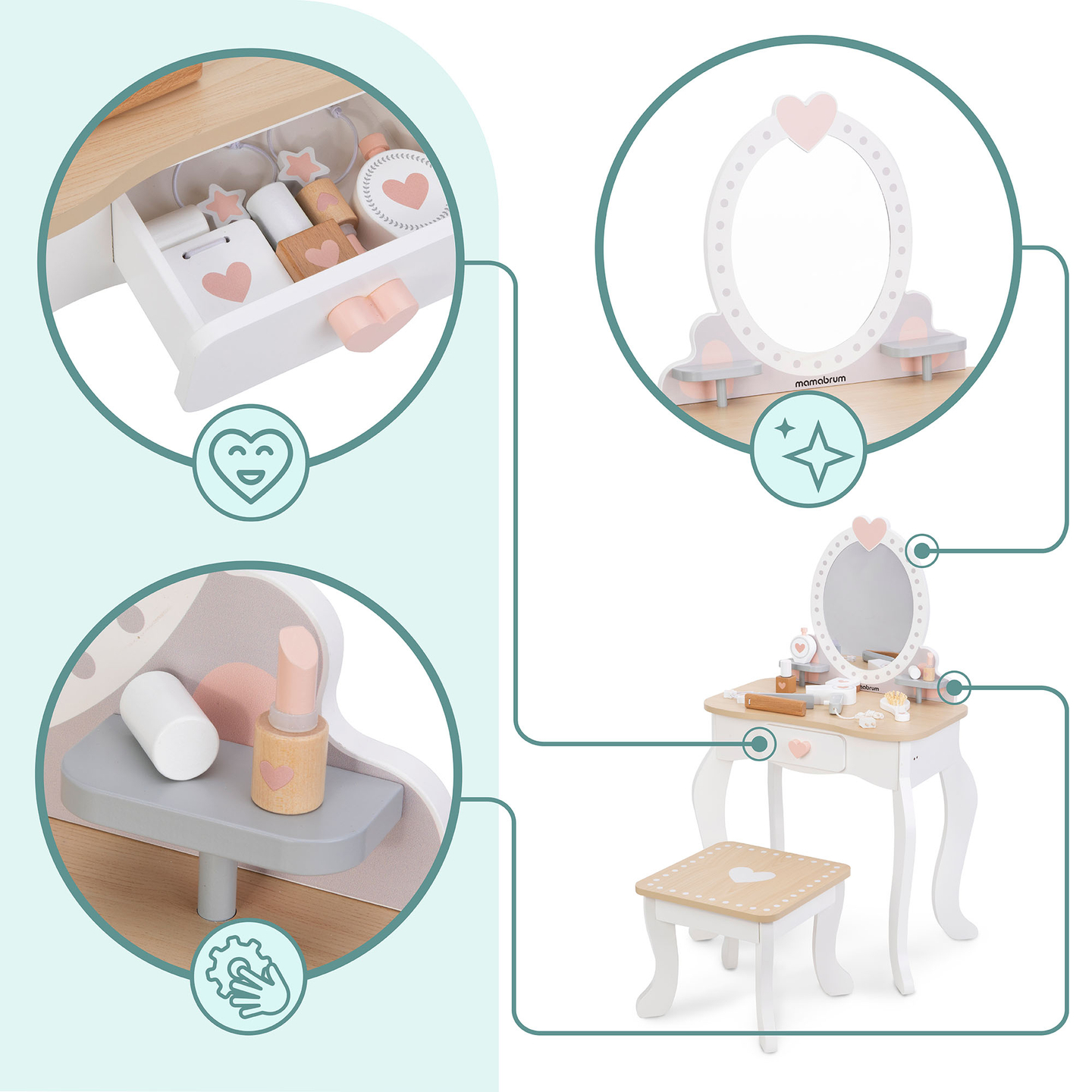 Măsuță de toaletă din lemn cu scaun și accesorii