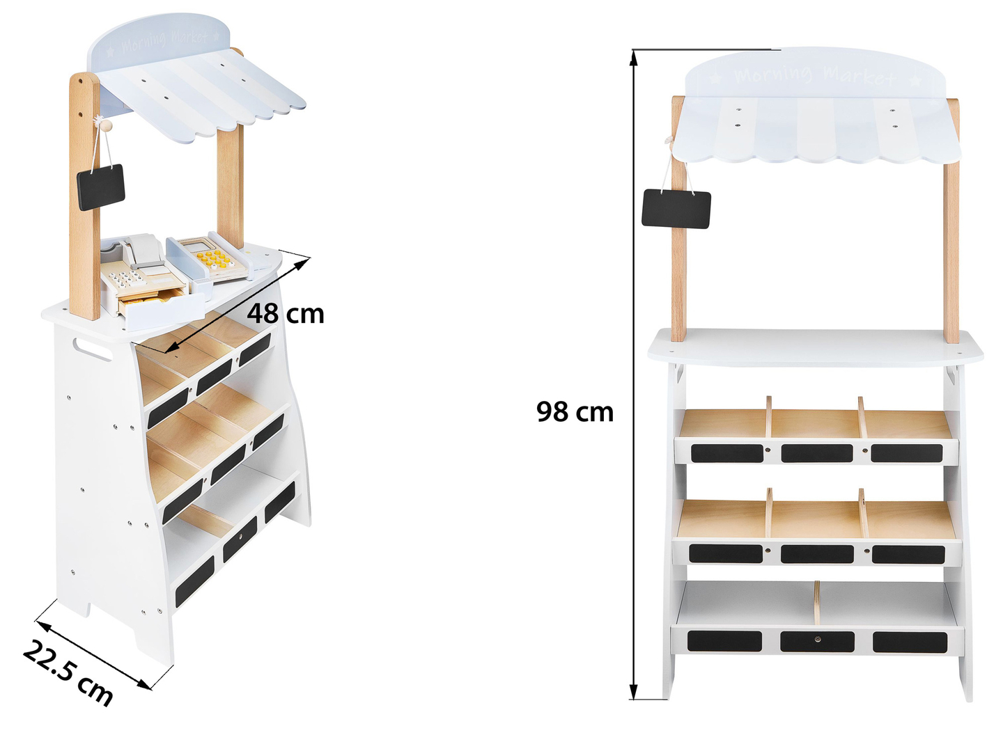 Magazin de legume - tarabă din lemn cu lăzi, casă de marcat și terminal