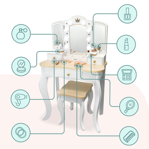 Masă de toaletă XXL din lemn cu taburet și iluminare LED pentru copii + accesorii