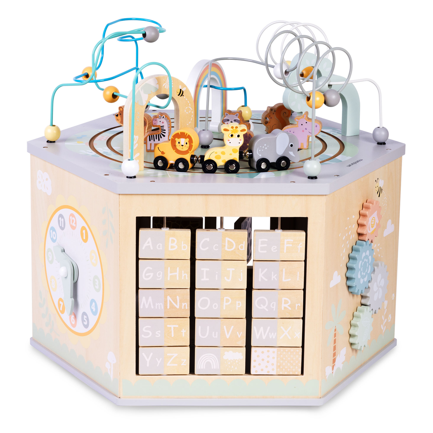 Cub educațional mare din lemn - o jucărie Montessori cu trenuleț magnetic și bucle motorii