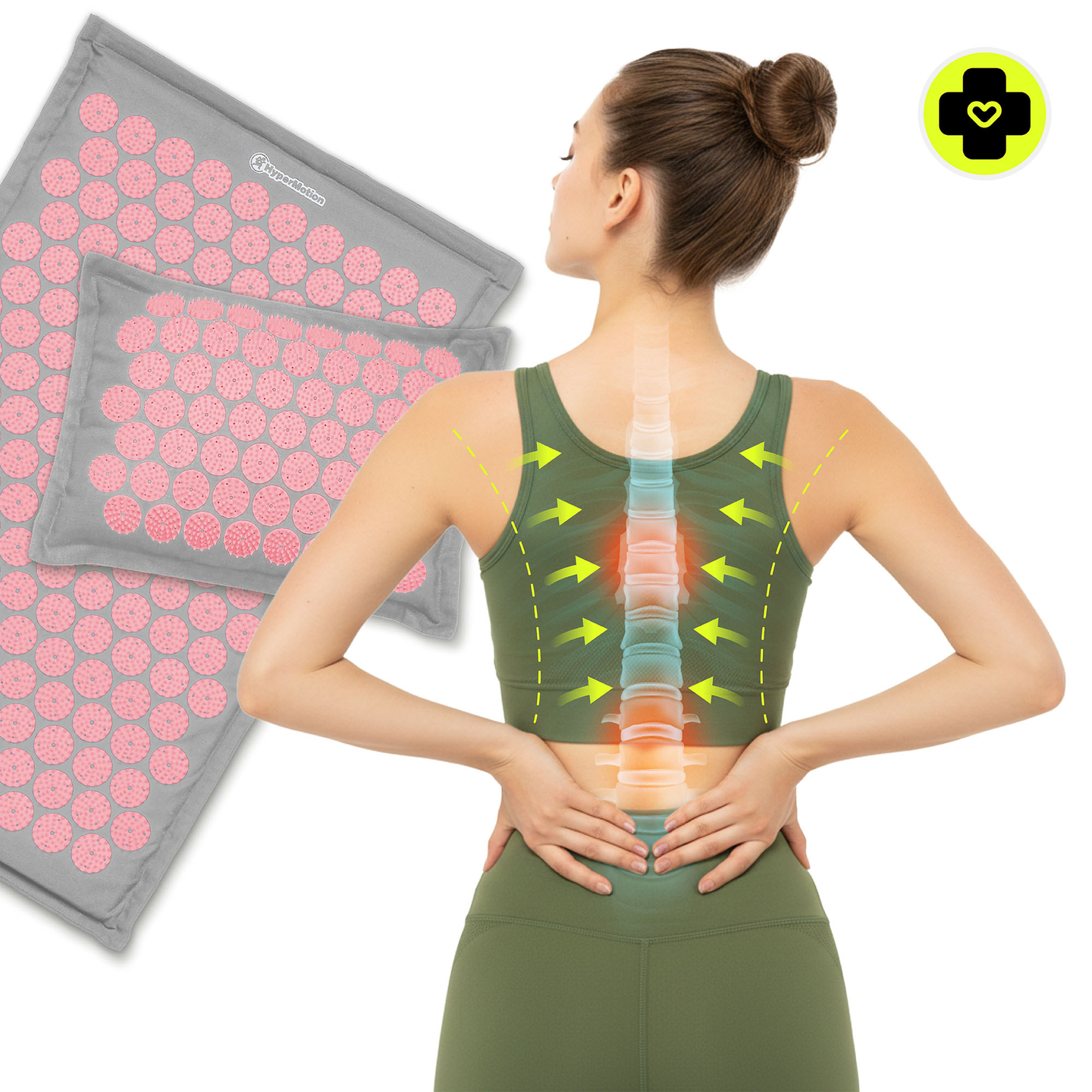 Saltea de presopunctură ECO din in cu fibră de cocos și pernă de hrișcă – 68 cm HyperMotion gri și roz