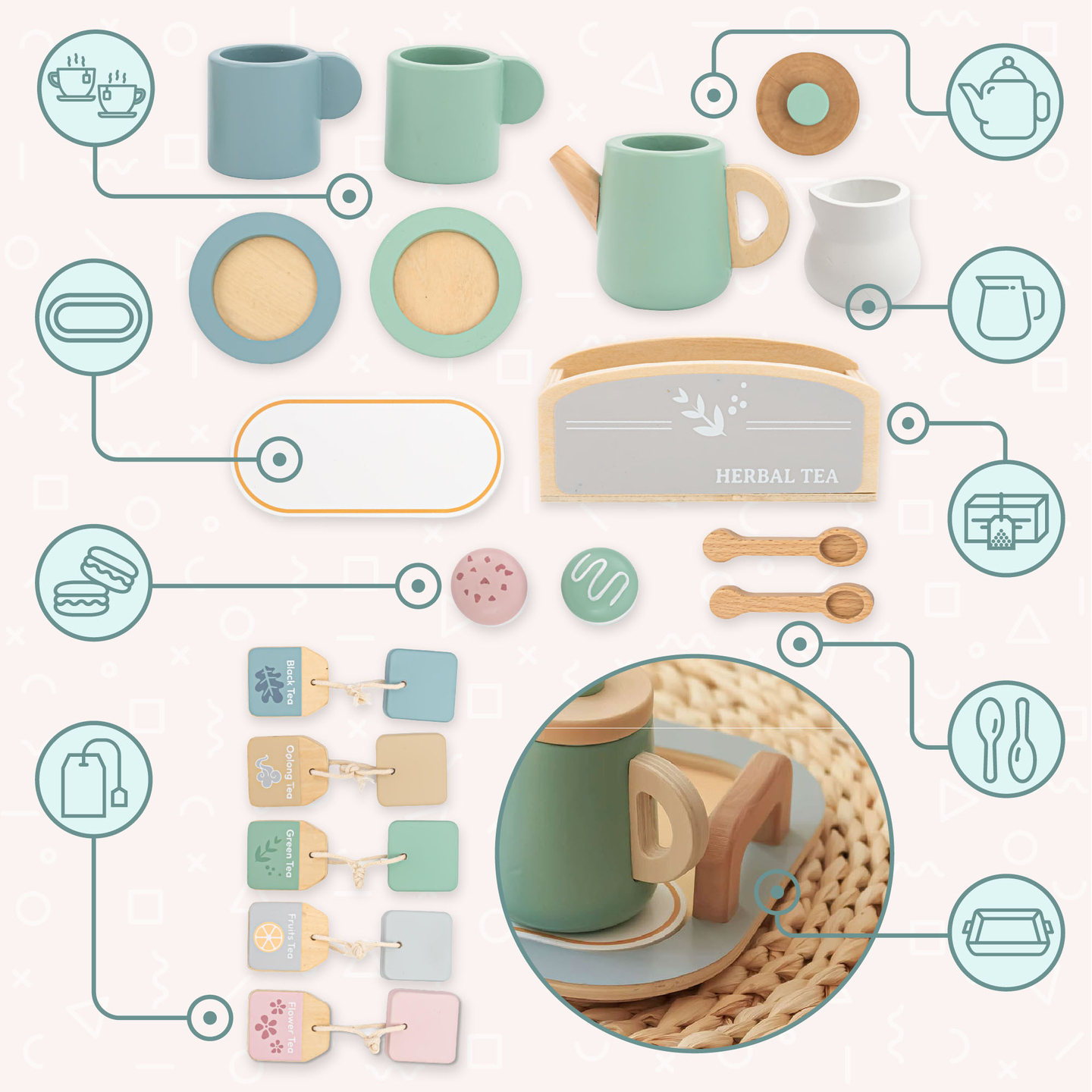 Set mare de ceai din lemn cu tavă - 18 articole