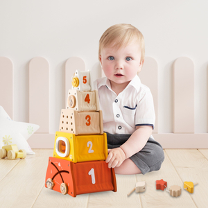 Piramidă educațională Montessori din lemn - sortare de forme, labirint, numere